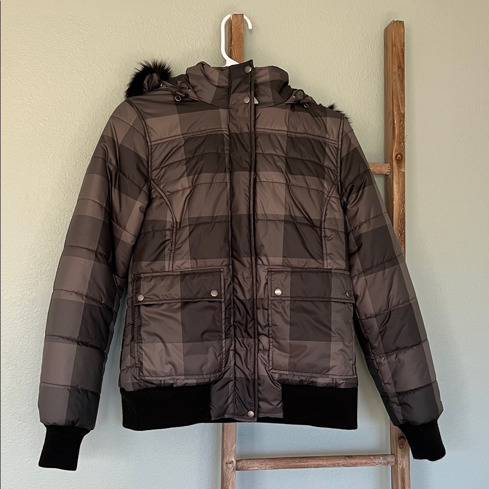 Black and Gray Plaid Puffer Winter Jacket
